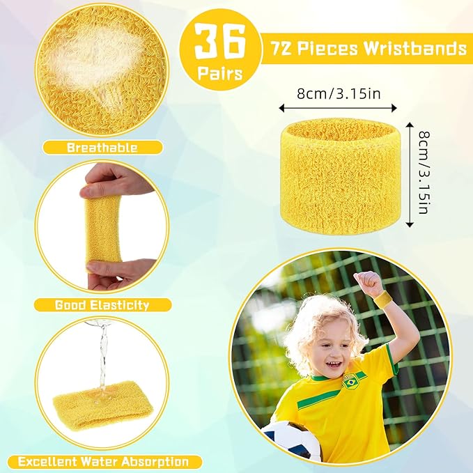 Leyndo 72 Pcs Wrist Sweatbands Bulk for Kids Field Day Cotton Terry Sweat Bands Sports Fan Wristbands Kids for Summer Camp Student Football Team Competition Party