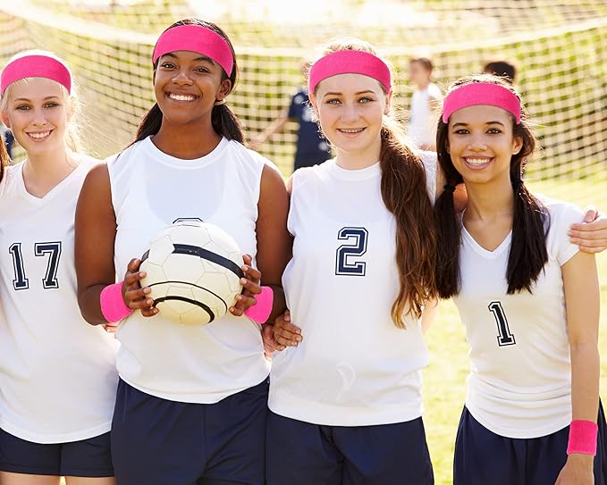 48 Pcs Football Sweatbands Bulk for Men Women Striped Sweatband Set, Include 16 Headband and 32 Wristbands Sports Neon Accessories for 80's Costume Party Athletic Gym