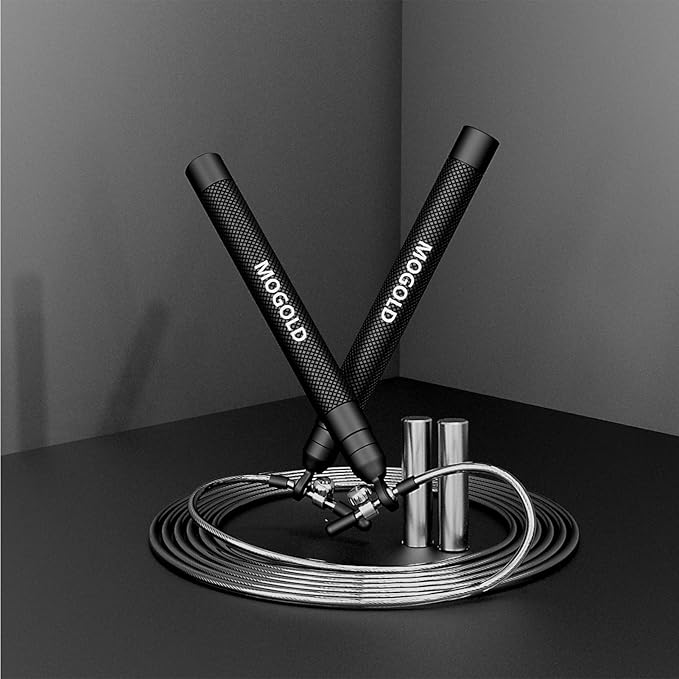 speed jump rope incl. 2 PVC Steel Cables 2.0mm/3.0mm| Ideal for Crossfit, Fitness, Boxing and Easy Double Under | Metal Jump Rope with Weights for Fitness Women and Men Premium Bearing Balls | Carry Pouch&Spare Screws