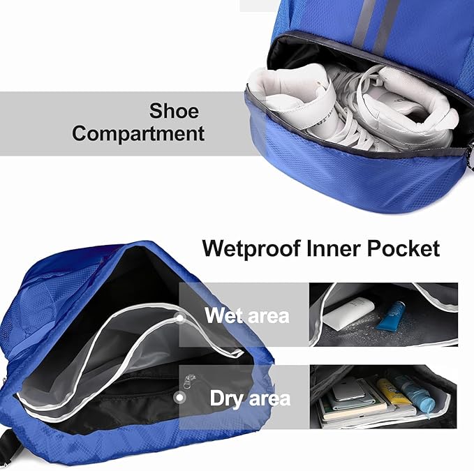 Hoedia Sports Drawstring Backpack - String Swim Gym Bag with Shoes Compartment and Wet Proof Pocket for Women and Men, Blue