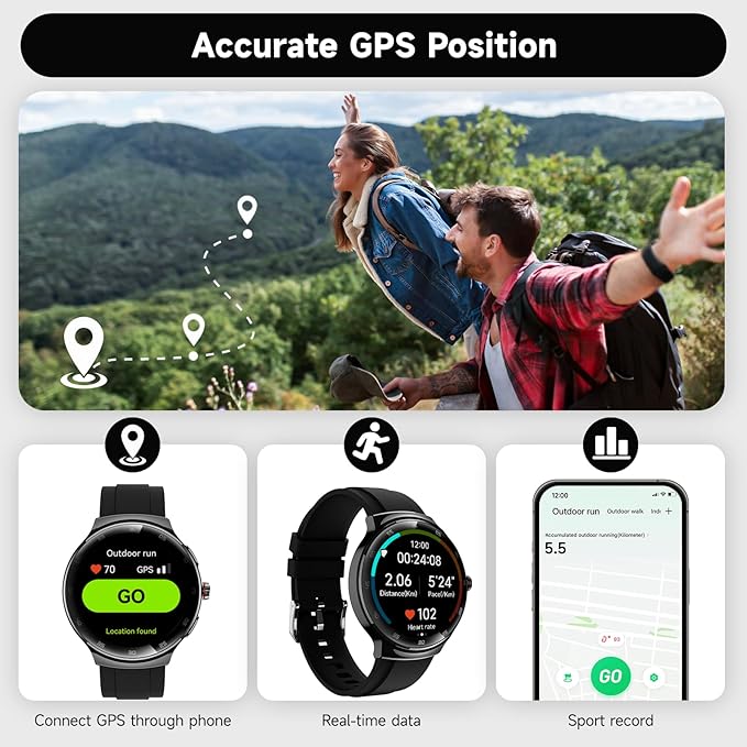 Smart Watches for Men Women, 1.43" AMOLED Fitness Tracker, Make/Answer Calls Digital Waterproof Smartwatch, 150+ Sports Mode, Heart Rate/SpO2/Sleep Monitor, Android & iOS Compatible, 2 Bands