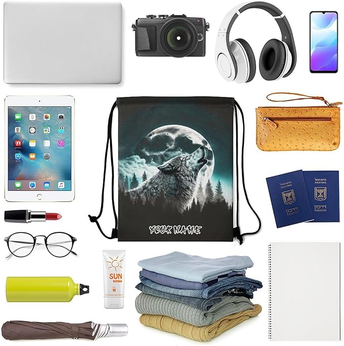 Custom Wolf Drawstring Backpack - Cute Cinch Sack, String Backpacks for Women Men Kids Boys Girls for Gym Outdoor Sports Travel Athletic Drawstring Bag - Lightweight/Foldable