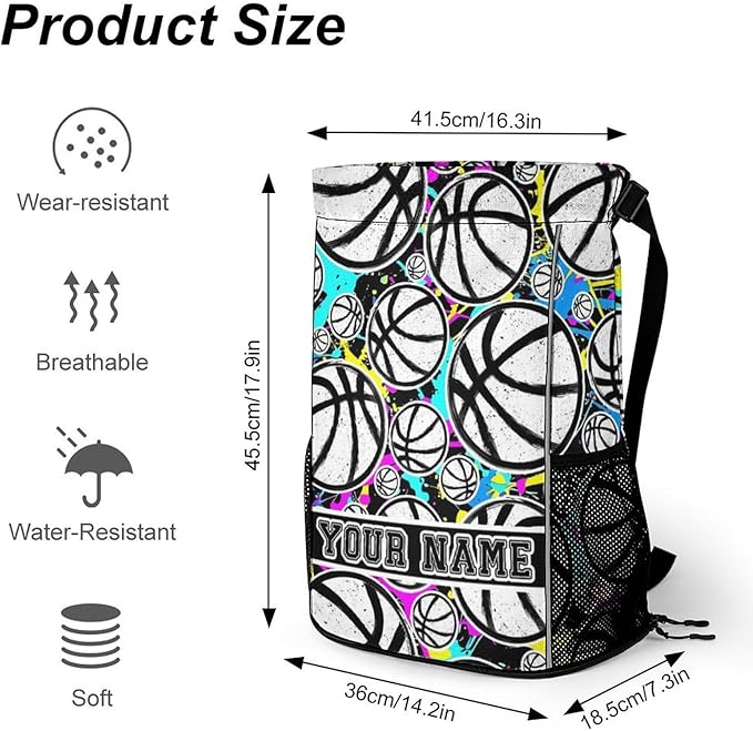 Custom Basketball Drawstring Backpack - Cool Cinch Sack, String Backpacks with Pocket for Kids Women Men Boys Girls for Gym Outdoor Sports Travel Athletic Drawstring Bag - Lightweight/Foldable