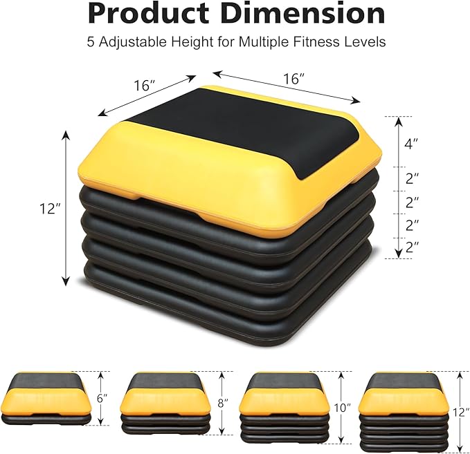 16"x16" Exercise Aerobic Step Platform with 4 Risers, Adjustable Height 4"-6"-8"-10"-12" Workout Stepper for Home Gym Fitness Strength & Training