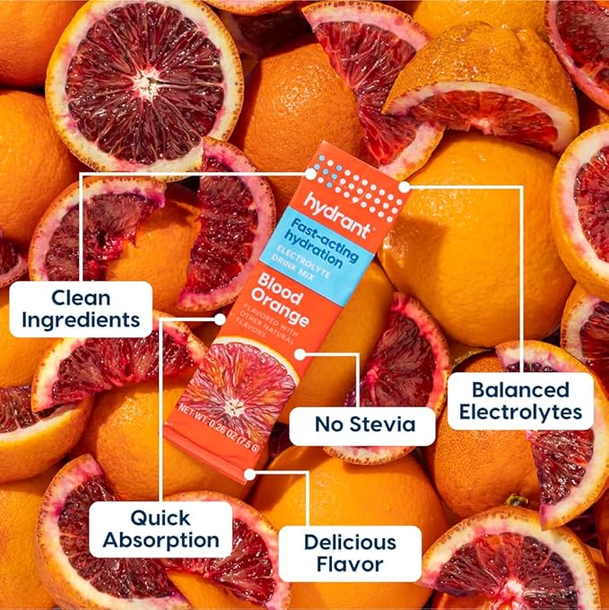 Hydrant - Hydrate Electrolyte Powder, Blood Orange Flavor, 12 Rapid Hydration Individual Stick Packs - Low Sugar Drink Mix for Daily Use, Travel & Workouts
