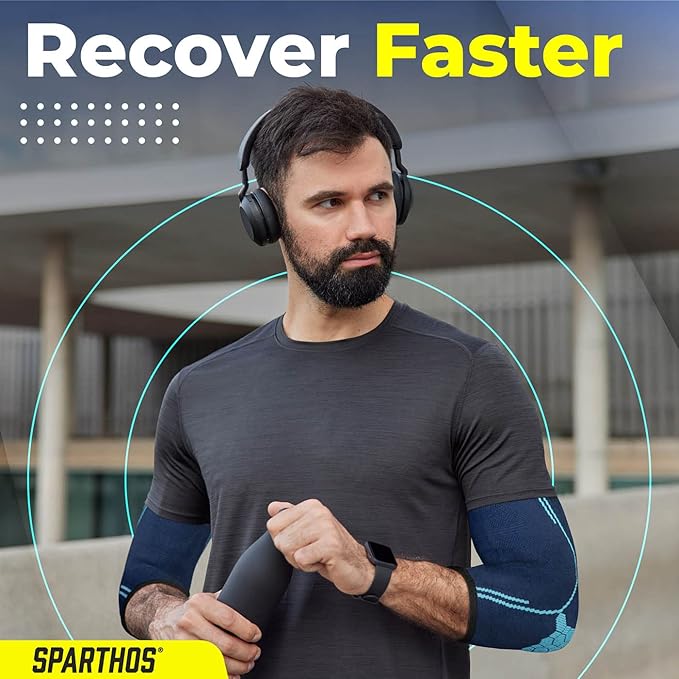 Sparthos Elbow Compression Sleeves (Pair) – Tennis and Golfer's Elbow Support – Elbow Brace for Men and Women – Made from Innovative Breathable Elastic Blend