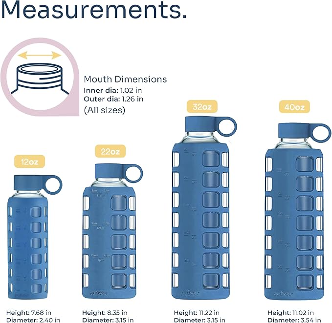 purifyou 40oz / 32oz / 22oz / 12oz Borosilicate Glass Water Bottle with Time & Volume Markers, Silicone Sleeve, Stainless Steel Lid – Reusable Glass Bottle for Water & Juice (32oz Chinese Porcelain)