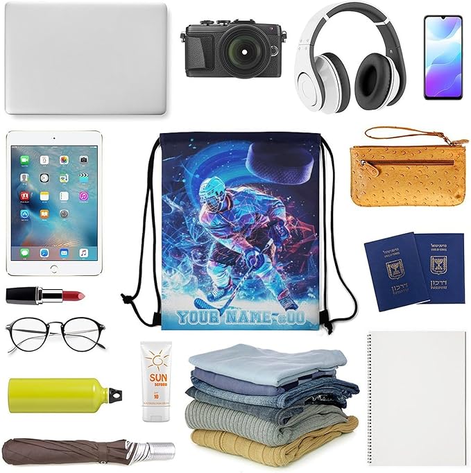 Custom Hockey Drawstring Backpack - Cool Cinch Sack, String Backpacks for Kids Women Men Boys Girls for Gym Outdoor Sports Travel Athletic Drawstring Bag - Lightweight/Foldable