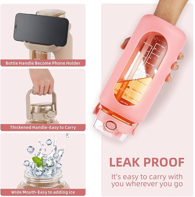 SIEROZUR 74oz Glass Water Bottle with Straw and Lid Large Gallon Water Jug with Silicone Sleeve and Handle 2.2 liter Wide Mouth Bottle with Time Marker for Gym Sports& Workout