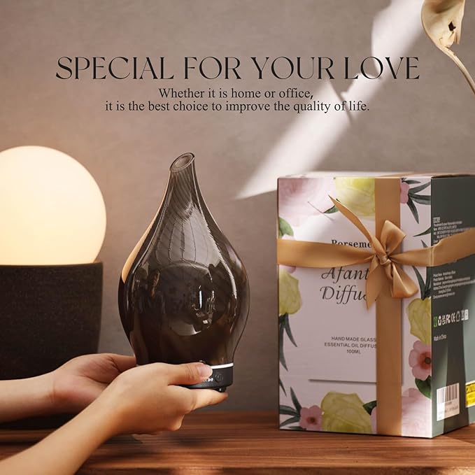 Porseme 150ml Essential Oil Diffuser Glass Color Changing Aroma Air Diffusers Aromatherapy Ultrasonic Cool Mist Humidifier 6 Running Hours Waterless Auto-Off for Sleeping Yoga Office Spa (Pure Grey)