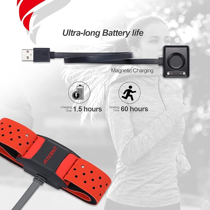 FITCENT Heart Rate Monitor Armband, Bluetooth ANT+ Optical Heart Rate Sensor Arm Band, Rechargeable Fitness Tracker for Peloton Strava Zwift Polar Beat DDP Yoga Wahoo Fitness (Red)