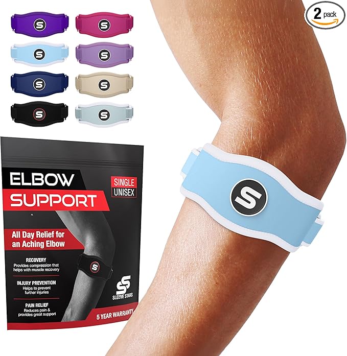 Sleeve Stars Tennis Elbow Brace for Men & Women, Tendonitis Elbow Brace & Strap Golfers Elbow Brace Counterforce Band for Tendon Pain Relief & Support for Forearm w/ 3 Straps Fits 9-23" (Pair/Light Blue)