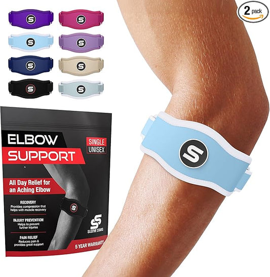 Sleeve Stars Tennis Elbow Brace for Men & Women, Tendonitis Elbow Brace & Strap Golfers Elbow Brace Counterforce Band for Tendon Pain Relief & Support for Forearm w/ 3 Straps Fits 9-23" (Pair/Light Blue)