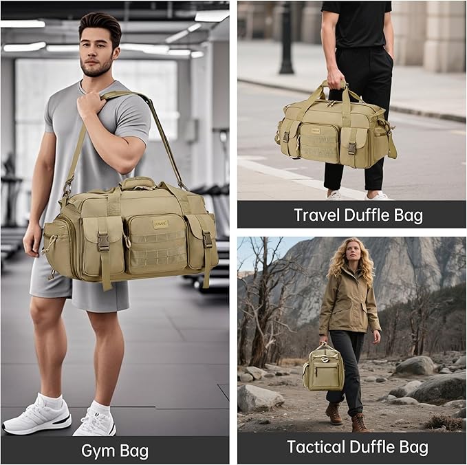 Duffle Bag for Men Women, Gym Bags & Tactical Duffle Bag with Shoe Compartment, Weekender Overnight Bag for Travel Workout, Khaki