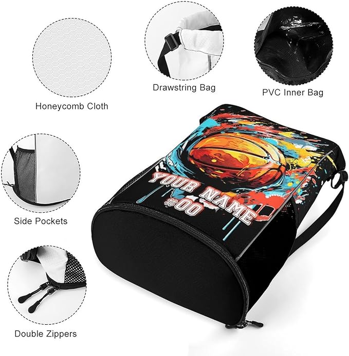 Custom Basketball Drawstring Backpack - Cool Cinch Sack, String Backpacks with Pocket for Kids Women Men Boys Girls for Gym Outdoor Sports Travel Athletic Drawstring Bag - Lightweight/Foldable