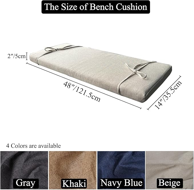 48 x 14 Inch Piano Bench cushons for Indoor Furniture with Ties Non Slip Kitchen Dining Room Bench seat Cushion for Show Storage, Window, Settee, Ottoman ，Beige