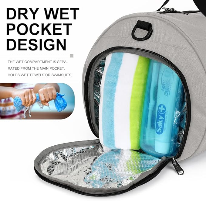 INOXTO Small Sports Gym Bag，Travel Duffel Bag with Dry Wet Pocket and Shoes Compartment for Women and Men，35L Waterproof Weekender Fitness bag For Swim Sports Travel Working Out (light grey 2)