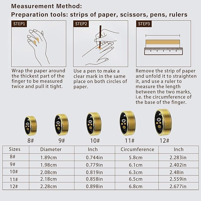 Health Fitness Tracker Ring for Women Men – Smart Ring with Heart Rate, SpO2, Blood Pressure, Sleep Monitoring with Charging Case,Remote Photography, Family Care, No Subscription Fee (Gold 11)