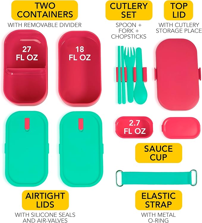 Insulated Stackable Bento Box for Adults with Reusable Chopsticks Japanese Lunch Box Microwavable & Leak Proof Lunch Containers for Men & Women Modern Cute Food Container with Compartments (Red)