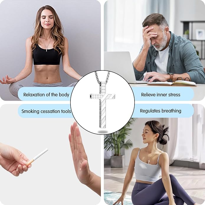 American Flag Cross Breathing Necklace for Women Men Quit Stop Smoking Stainless Steel Inspirational Bible Verse Anxiety Relief Mindfulness Jewelry for Stress Relief Christian Meditation Gift