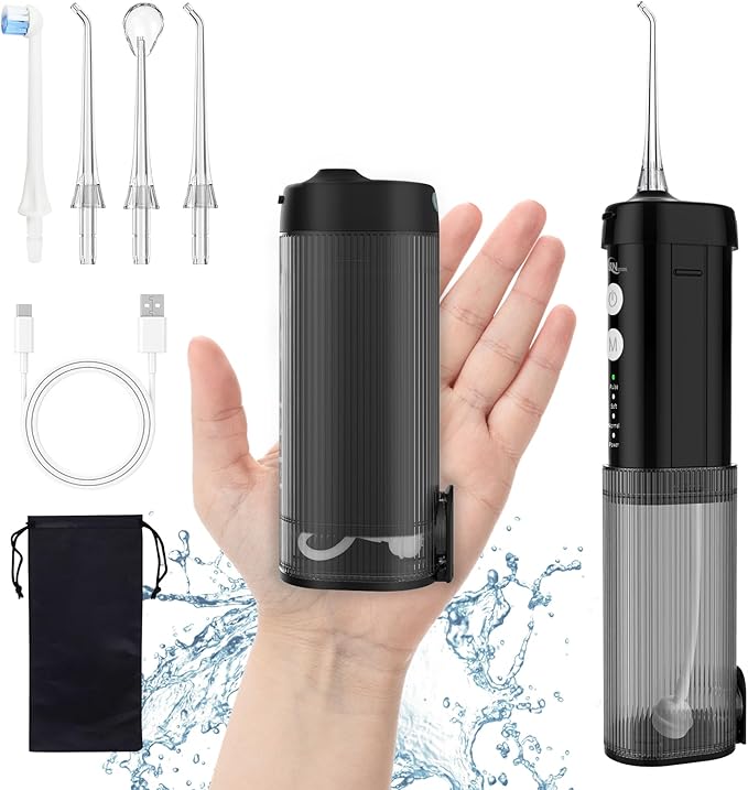 Mini Portable Water Flosser Oral Irrigator Water Teeth Cleaner Pick, Telescopic Water Tank, 4 Modes & IPX7 Waterproof, Home & Travel Water Flossers for Teeth, Braces Bridges Care. (Black)