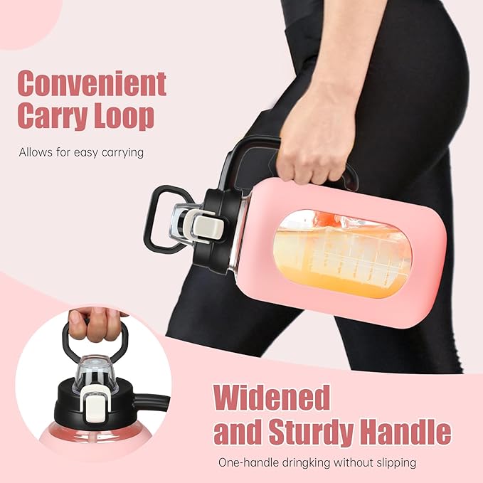 64 oz Glass Water Bottle with Straw and Handle Half Gallon Water Jug with Silicone Sleeve Large Water Bottle for Office, Gym, Outdoor Sports