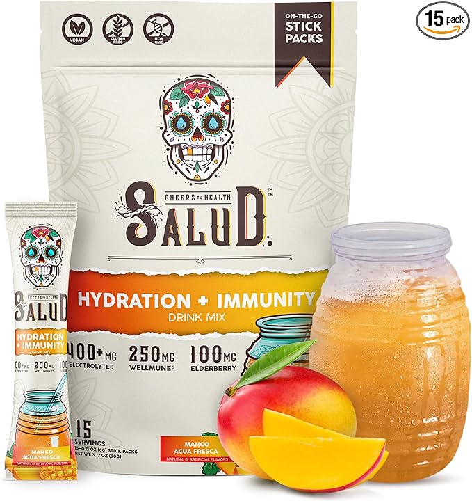 Salud 2-in-1 Hydration Packets + Immunity Electrolytes Powder, Mango - Agua Fresca Drink Mix, Elderberry, Dairy & Soy Free, Non-GMO, Gluten Free, Vegan, Low Calorie, 1g Sugar (15 Servings)