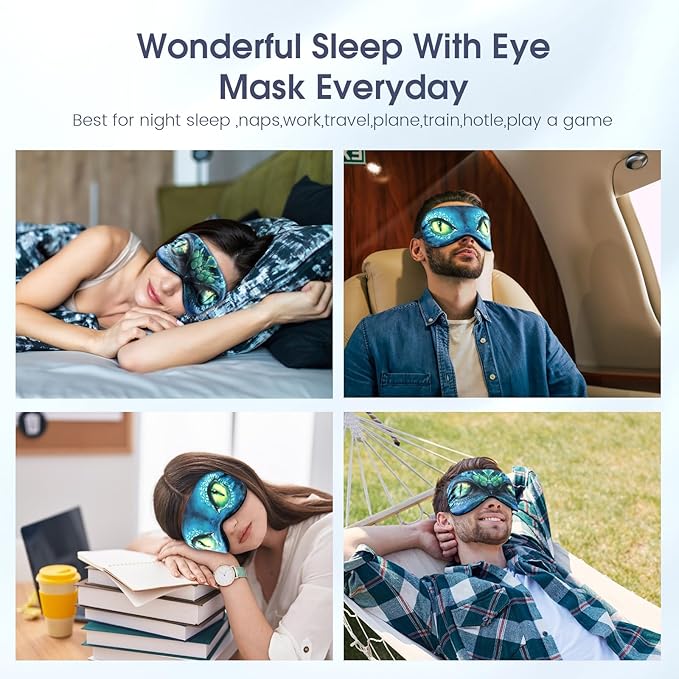 2 Pcs Sleep Mask for Kids Boys, Silk Eye Covers for Sleeping, Adjustable Strap & Light Blocking Design, Adult Children's Bedtime Blindfold for Travel and Home Use (Green Dinosaur Eyes)