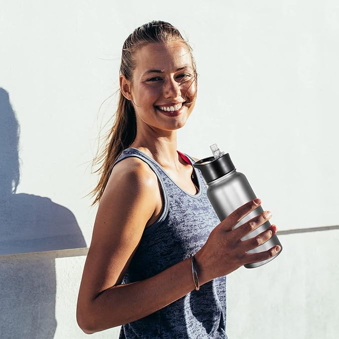 32 oz Insulated Water Bottle with Straw Lid & Wide Mouth Lids, Stainless Steel Sports Water Bottles, Double Walled Vacuum, Leak Proof, Stainless Steel