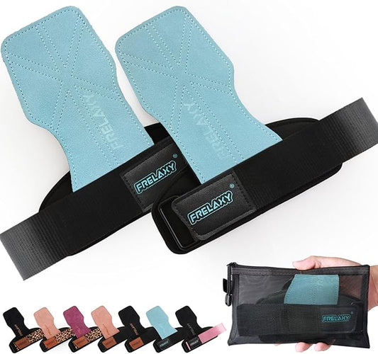 Frelaxy Lifting Wrist Straps Women and Men, Weight Lifting Grips with Cushion Wrist Loop, Double Layer Leather and Storage Pouch, Gym Workout Straps for Deadlift and Powerlifting