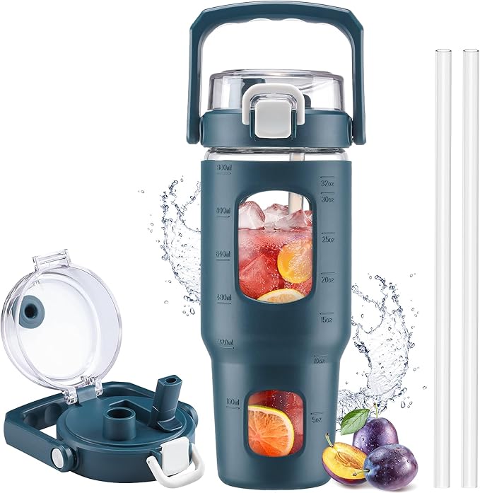 BLUEGO 32oz Glass Tumbler with Lid and Handle, Iced Coffee Cup with Straws, Glass Water Bottle with Silicone Sleeve and Volume, Marker Glass Cup with Time Marking, BPA Free, Dark Blue