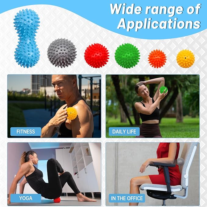 6-Pack Spiky Massage Balls Set, Hard/Medium/Soft Textured Muscle Roller Balls for Plantar Fasciitis Relief, Myofascial Release, Foot Pain and Muscle Tightness, Acupressure and Stress Relief