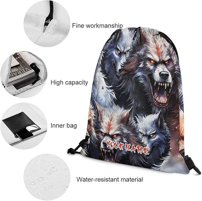 Custom Wolf Drawstring Backpack - Cute Cinch Sack, String Backpacks for Women Men Kids Boys Girls for Gym Outdoor Sports Travel Athletic Drawstring Bag - Lightweight/Foldable