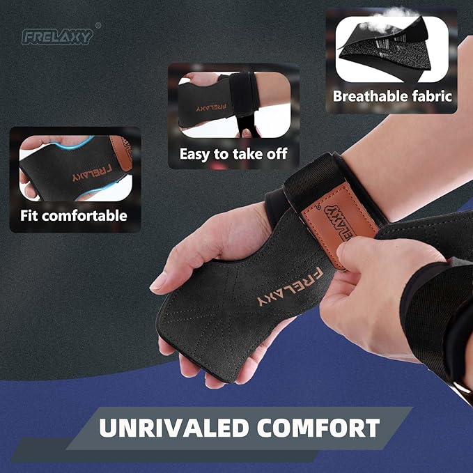 Frelaxy Lifting Wrist Straps Women and Men, Weight Lifting Grips with Cushion Wrist Loop, Double Layer Leather and Storage Pouch, Gym Workout Straps for Deadlift and Powerlifting
