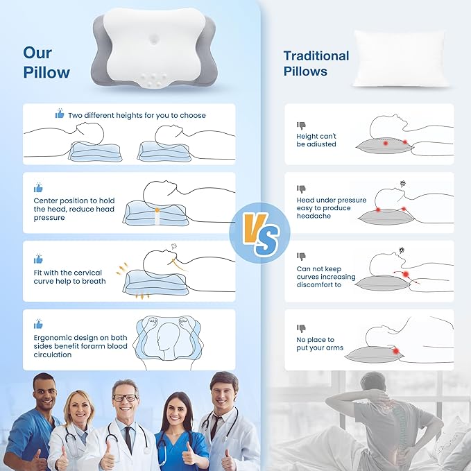 Cervical Pillow for Neck Pain Relief, Cooling Contour Memory Foam Pillows Support Odorless Ergonomic Neck Pillow Adjustable Orthopedic Bed Pillow for Side Back Stomach Sleeper with Pillowcase