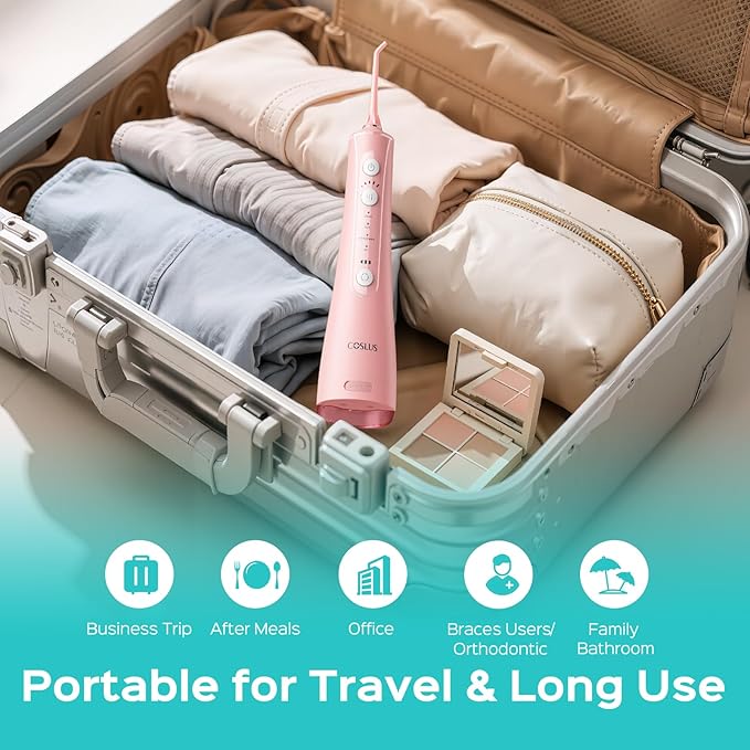 COSLUS Portable Water Flosser for Teeth: 4 Modes & 5 Intensity Levels Professional Electric Dental Pick for Sensitive Gums, Braces & Orthodontic - Cordless for Travel Use, for Adults, BPA-Free, Pink