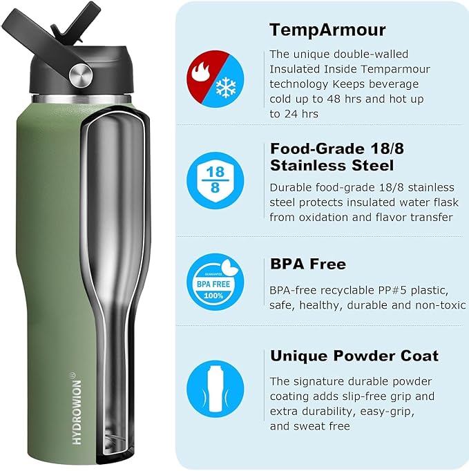 HYDROWION Water Bottle Stainless Steel,Vacuum Insulated Leak Proof Tumbler 32oz with Straw Lid, Spout Lid and Flex Cap(Cold for 48 Hrs, Hot for 24 Hrs), Fit in Any Car Cup Holder, Moss
