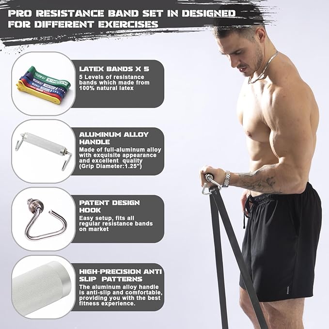 Resistance Bands with Aluminium Alloy Handle, Set of 5 Natural Latex Exercise Bands for Heavy Duty Workout Stretching Power Lifting with Carrying Bag