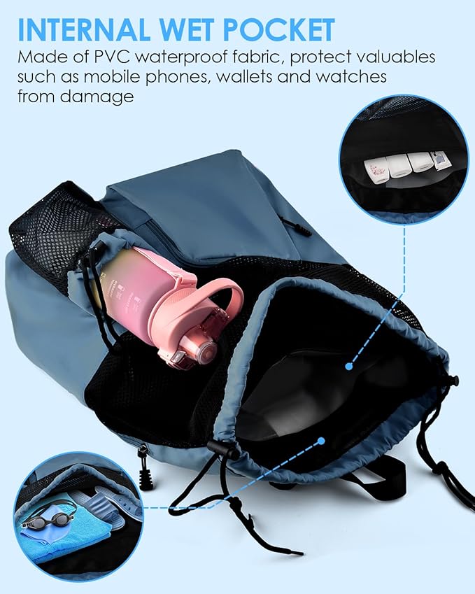 BROTOU Swim Bag Beach Backpack with Wet Pocket Mesh Drawstring Bags for Swimming, Gym