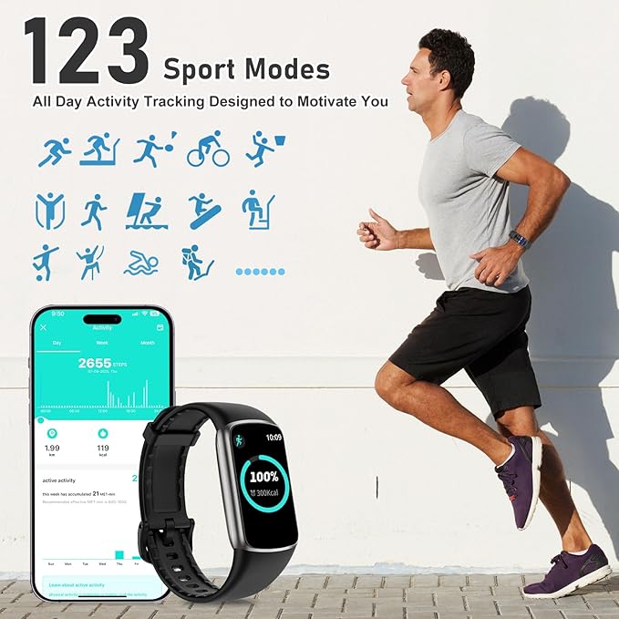 Fitness Tracker with 24/7 Heart Rate, Blood Pressure Blood Oxygen Sleep Monitor, 123 Sports Modes Calories Smart Watch,IP68 Waterproof Step Counter Activity Trackers Pedometer for Women Men (Black)