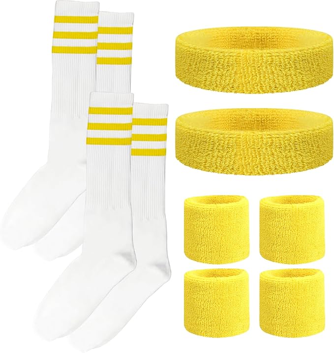 10 Pieces Striped Sweatbands and Striped Socks Set Headbands Wrist Sweat Bands for Men and Women Sports 80s 90s Fitness