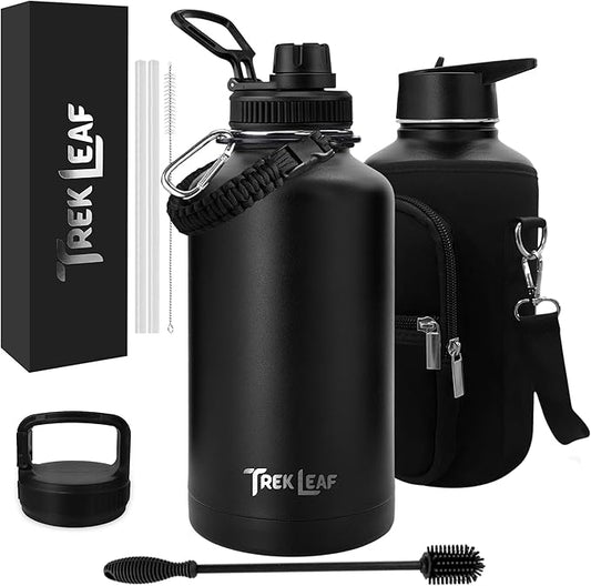 Travel Water Bottle with Carrying Bag, 3 Lids (Spout, Straw, Handle), and Bottle Brush; Leak Proof, Quality, Vacuum Insulated, Stainless Steel (Black, 64 oz)