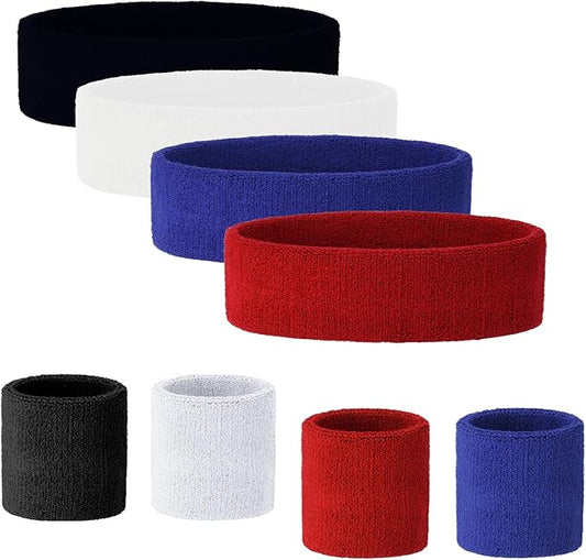Cosmos 4 Pcs Soft Cotton Headband Sweatband Set Moisture Wicking Sports Headband + 4 Pairs of Wristband Sweatband Wrist Sweat Band Brace for Sports Outdoor Running Cross Training Yoga Workout