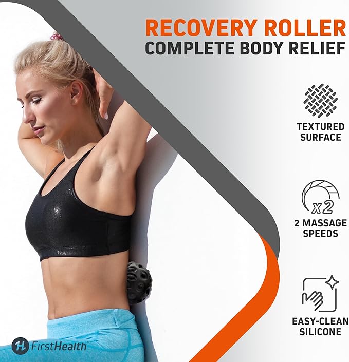 FirstHealth Vibrating Massage Ball, Silicone Recovery Roller with 2 Massage Speeds, Textured Massager Ball for Muscles and Tissues, Post-Workout Recovery Device, Battery Operated and Easy to Clean