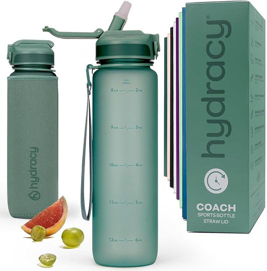 Hydracy Water Bottle with Time Marker -Large BPA Free Water Bottle & No Sweat Sleeve -Leak Proof Gym Bottle with Fruit Infuser Strainer & Times to Drink -Ideal for Fitness Sports & Outdoors