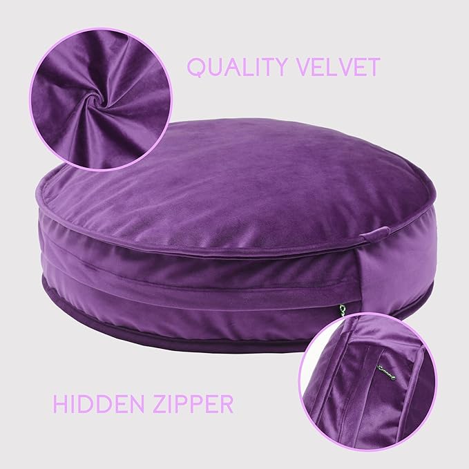 Round Floor Pillow Cover Velvet Throw Seating Pouf Yoga Meditation Cushion Plush Case Reading Room Decor Cover Only (25.6IN, Purple)