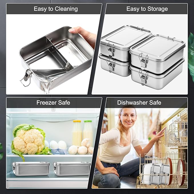 Umigy 1 Pcs Stainless Steel Food Containers Metal Bento Lunch Box Stainless Steel Food Storage Containers, Lockable Clips to Leak Proof, Reusable Dishwasher Snack Boxes for Work, Picnic (1200ml)