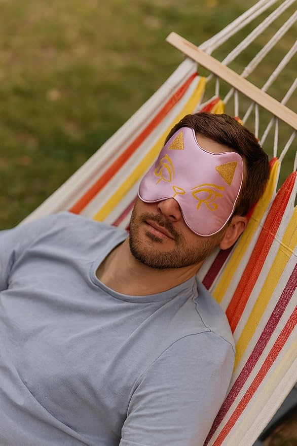 Silk Sleep Mask Blindfold Eye Mask for Sleep Cute Cat Print Embroidered Eye Cover Adjustable Oversized Egyptian Bastet with Gift Box&Pouch（Sekhmet Mauve-Elastic Strap）