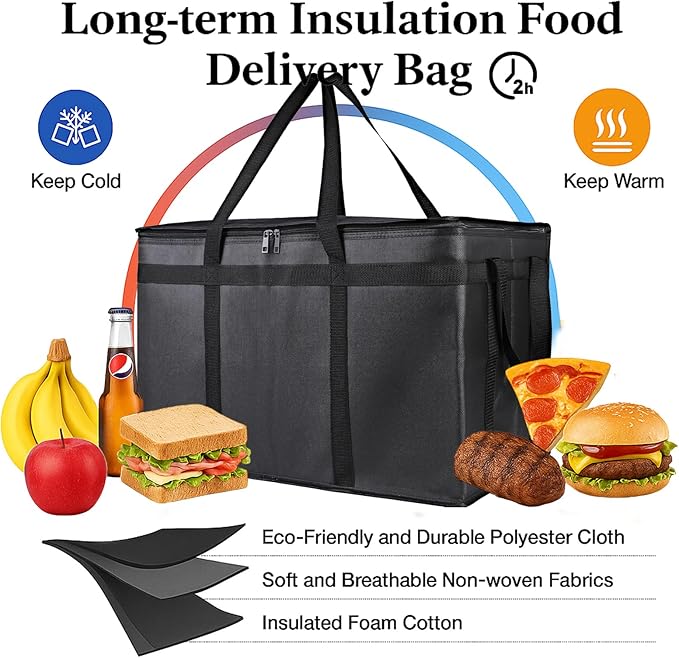 Bodaon Large 2-Pack Insulated Food Delivery Bag With Hard Bottom, XXXL Grocery Shopping/Catering/Pizza Cooler Bags, Cold/Hot Styrofoam Carrier for Doordash/Travel/Car, Door Dash Accessories