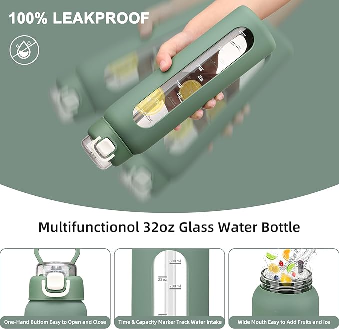 32 oz Glass Water Bottles with 2 Lids-Handle Spout Lid & Straw Lid, 1 Liter Motivational Borosilicate Water Bottle with Time Marker and Silicone Sleeve,Leakproof-Olive-1 Pack